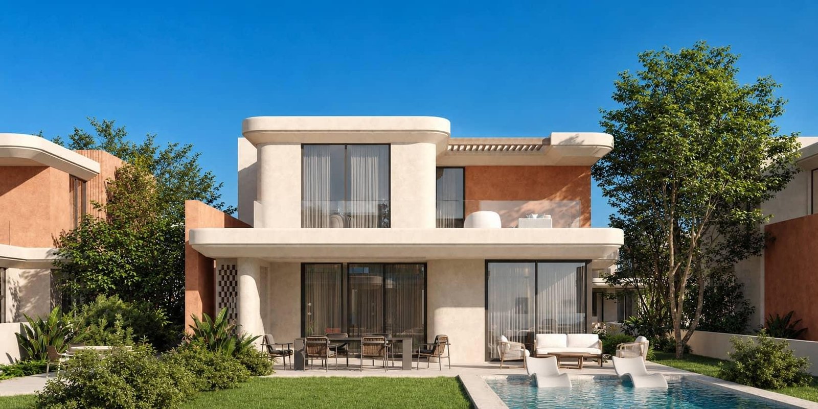 Bloom Island Ogami contemporary waterfront villas showcasing expansive glass façades, private gardens, and panoramic lagoon views